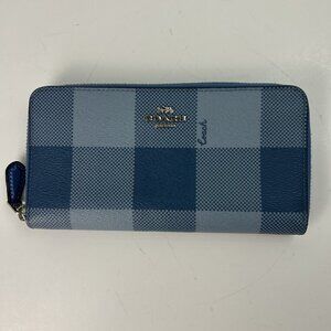 Coach New York Zip Up Wallet Card Holder Blue Square Plaid Checkered